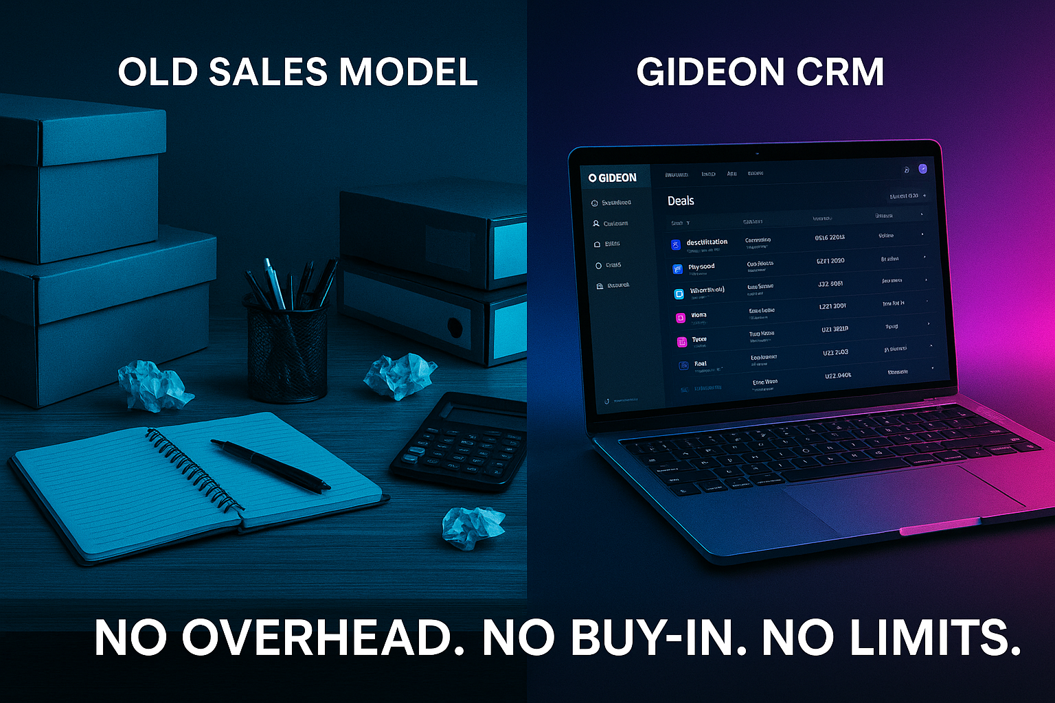 Split image comparing outdated sales clutter and sleek Gideon CRM dashboard.