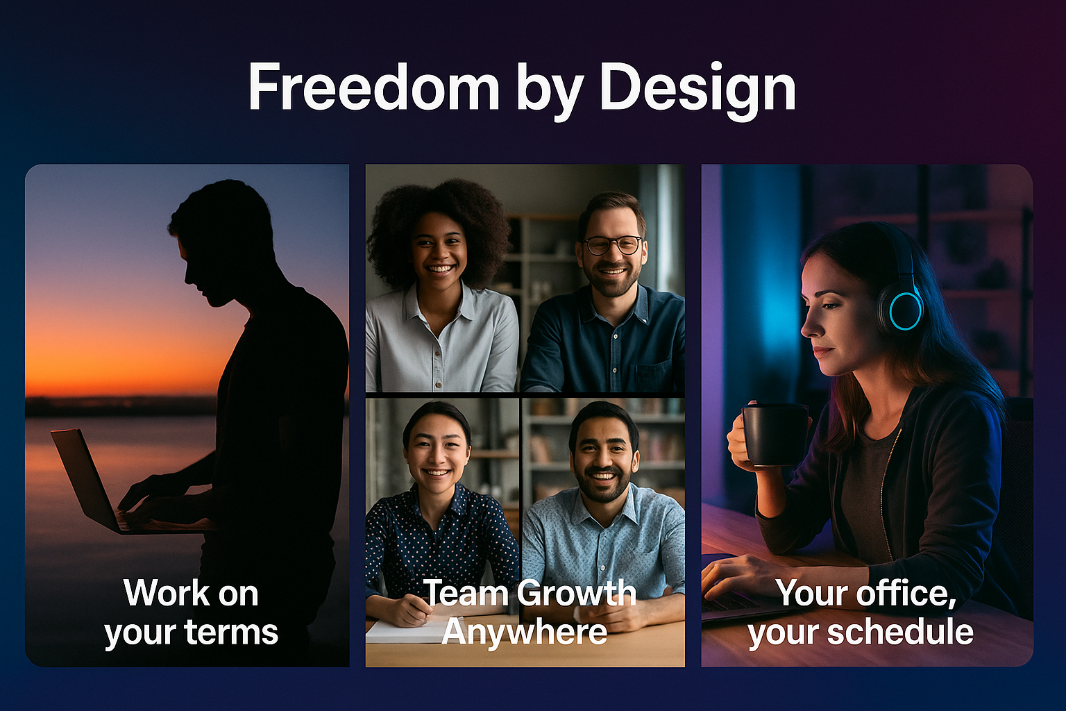 Three lifestyle panels showing remote work freedom, teamwork, and creative independence.