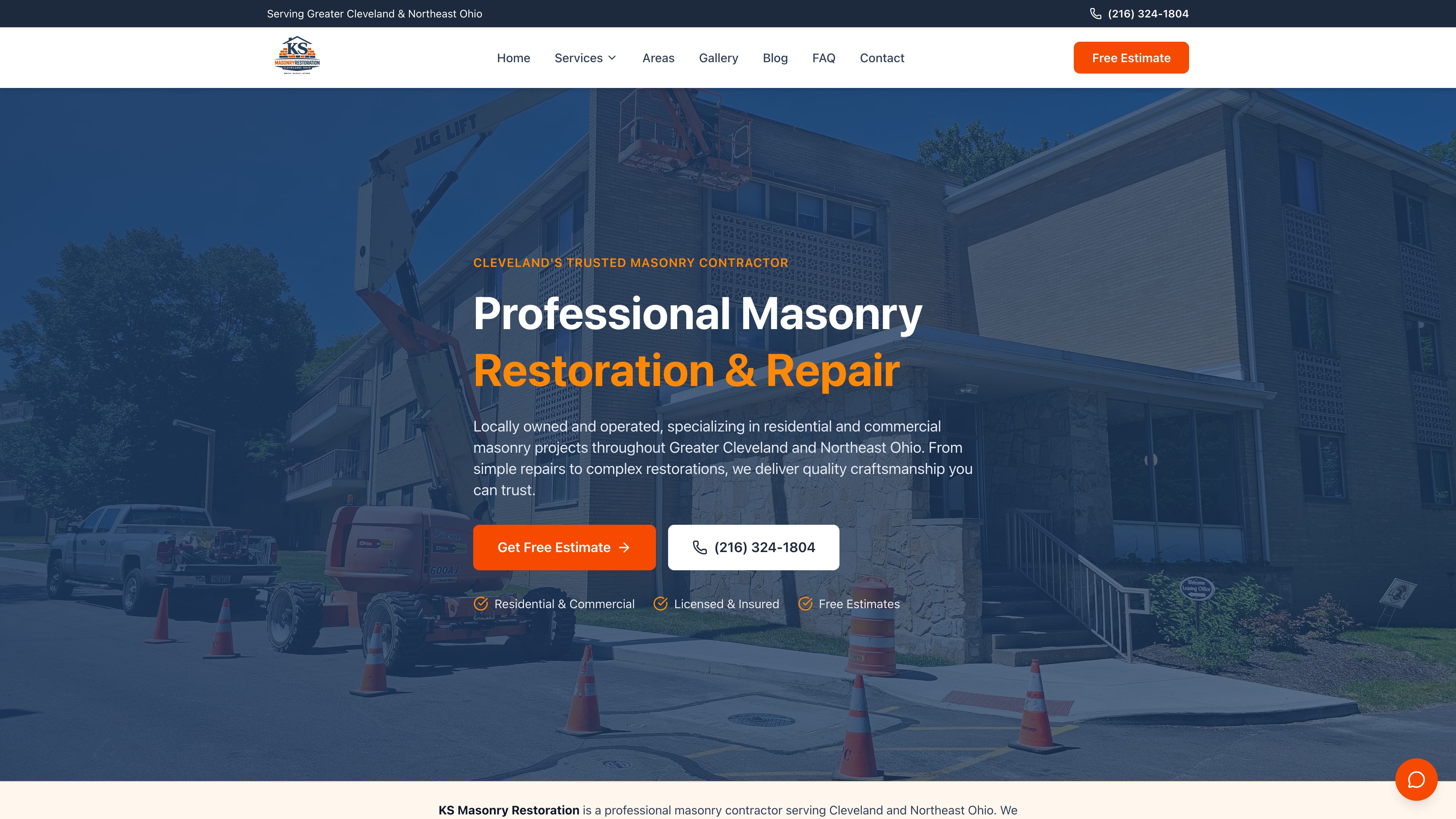 KS Masonry Restoration website homepage